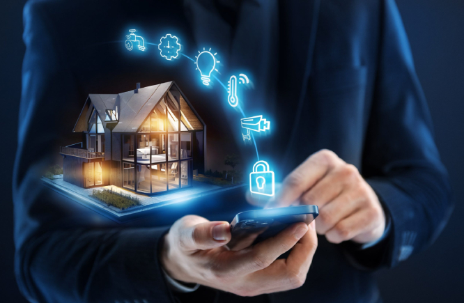 Akıllı ev teknolojileriyle donatılmış modern bir yaşam alanı.