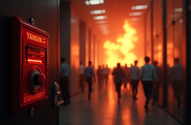 Erişilebilir ve görünür acil durum alarm butonları, yangın güvenliğini sağlamak için özenle yerleştirilmiş.